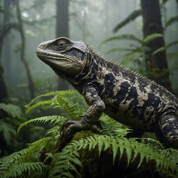 Diapsid Reptile Perched in Misty Fern-Filled Forest