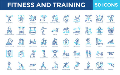 Fitness and Training icon set with weightlifting, cardio, high intensity interval training, strength training, bodyweight exercises, yoga, pilates, crossfit icon. Simple outline color vector 

