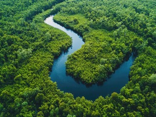 Fototapeta premium Serpentine River Flowing Through a Lush Green Forest Canopy