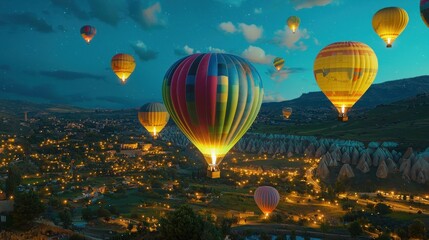 Naklejka premium Colorful hot air balloons fly over a lit-up town at dusk.