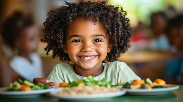 A joyful child enjoying a healthy meal at a daycare, perfect for promoting children's nutrition programs, family events, and educational campaigns focused on healthy eating.