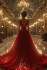 Glamorous Woman in Red Sequin Evening Gown in Opulent Royal Palace Interior