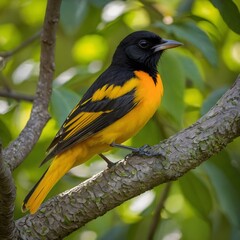 Naklejka premium Vibrant Old World Oriole Relaxing Beneath the Canopy of an Oak Tree
