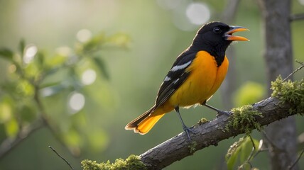 Fototapeta premium Old World Oriole Singing from the Top of a Tree in a Peaceful Forest