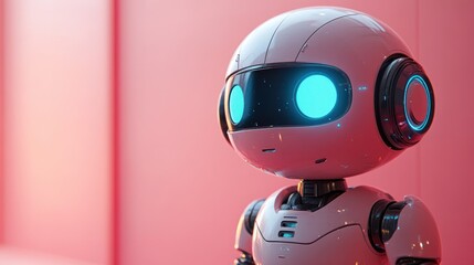 Cute Red Robot with Glowing Blue Eyes Waving Hand Friendly Mascot AI Chatbot Design Toy on Turquoise Background