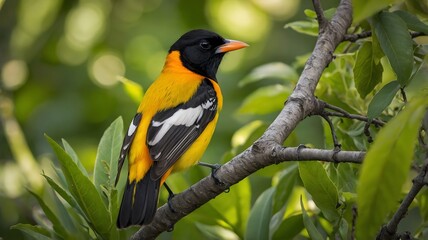 Bright Old World Oriole Perched in the Heart of a Lush Garden