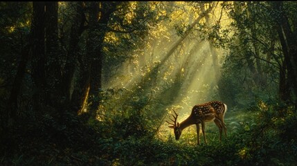 Fototapeta premium Majestic deer grazing in sunlit forest.