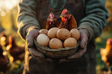 Organic Farmer Collecting Fresh Eggs from Free Range Chickens in Rustic Chicken Coop