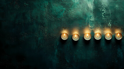 Fototapeta premium Candlelit Serenity: Six candles in a row, illuminating a textured, teal-colored surface, evoking a sense of calm and introspection.