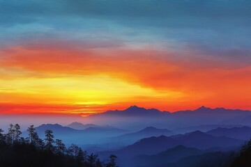 Obraz premium Sunrise over Mountains with Vibrant Orange and Blue Sky Beautiful Landscape Illumination