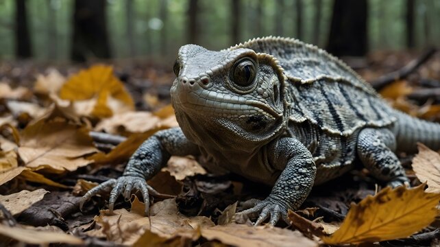 Diapsid Reptile Among Fallen Leaves and Twigs