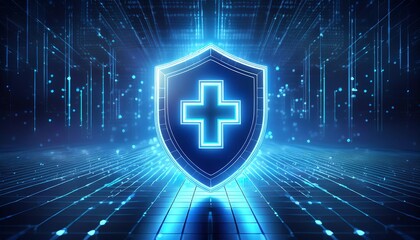 A glowing blue shield with a cross symbol, set against a digital backdrop, symbolizes protection and security in a high-tech environment.