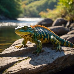 Obraz premium Diapsid Reptile Basking on Sunlit Rock Near Riverbank