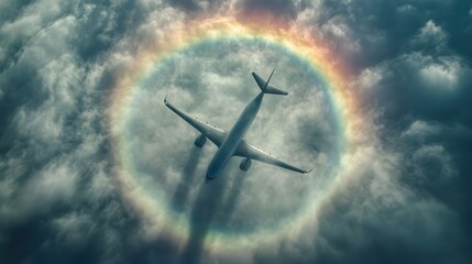 Airplane Flying Above Clouds Creating Colorful Halo Effect in Sky with Dramatic Clouds and Bright Sunlight