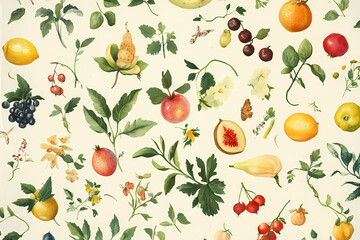 Botanical Bounty: An artistic and vibrant assortment of fruits and flora in a vintage-inspired botanical illustration