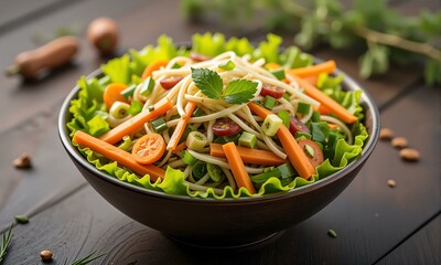 A bowl filled with salad and garnished.