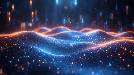 Futuristic Digital Landscape with Glowing Particles and Ambient Lighting in Neon Blue