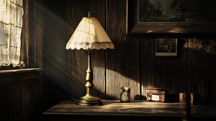 Sunlit antique lamp on rustic wooden table.