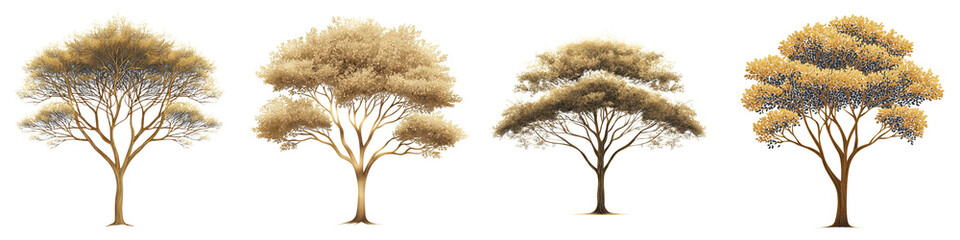 Fototapeta premium Iconic autumn silhouette trees with golden foliage standing in a serene meadow or field landscape Peaceful and minimalist scenic design with natural elements