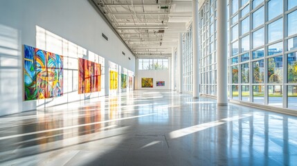 Obraz premium Sunlit modern art gallery interior with colorful paintings on display.
