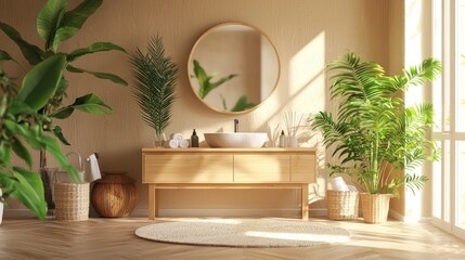 Sunlit bathroom with plants, wooden vanity, and round mirror.