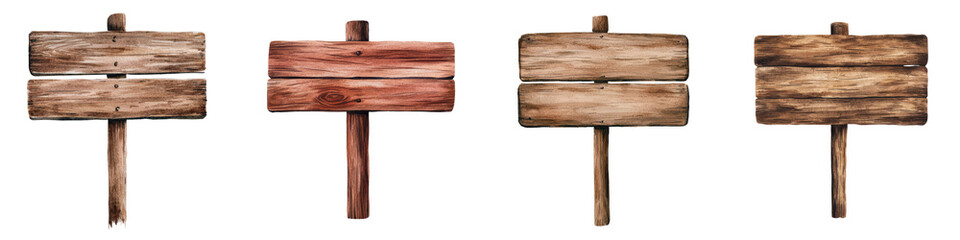 Fototapeta premium Rustic weathered wooden signage placards or posts backdrop with blank space for message copy or advertisement Isolated on white background Ideal for countryside farm cabin