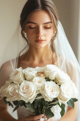 Naklejka premium Elegant Romantic Wedding Invitation with Golden Rings White Roses Satin Ribbons