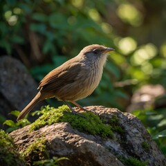 Fototapeta premium Old World Babbler Perched on a Rocky Outcrop in a Sunlit Forest