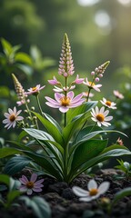 a bunch of flowers that are pink and yellow