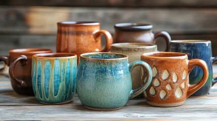 Collection of handcrafted ceramic mugs on wooden surface.