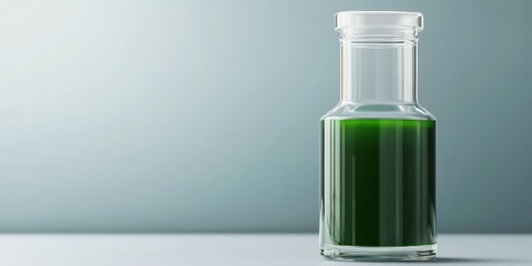 Antioxidant Extracts phytochemical. Green liquid in a glass bottle against a minimalist background.