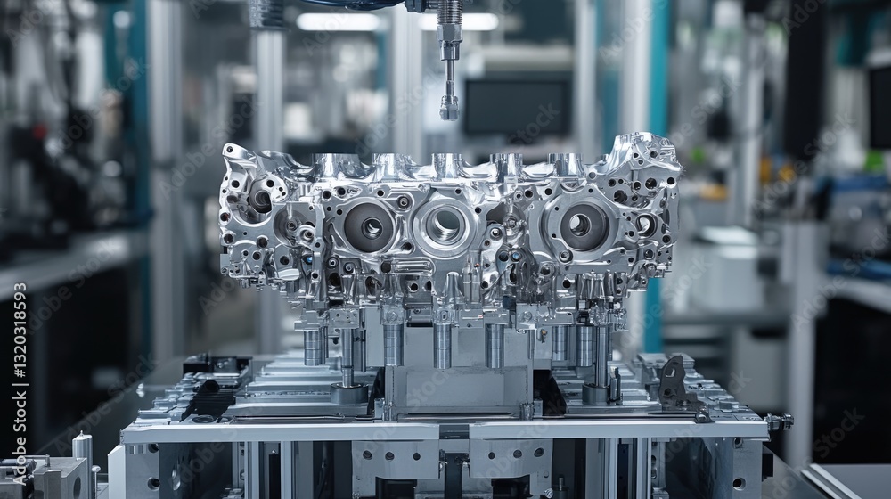 Poster advanced robotic system assembling precision mechanical parts in an automated lab.