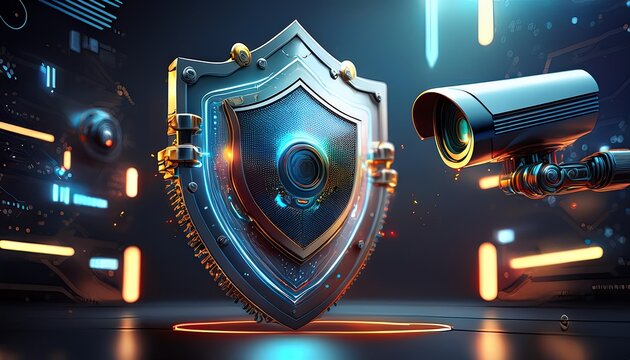 A futuristic shield symbolizing security, surrounded by digital elements, including a surveillance camera and glowing lights, representing protection and technology.