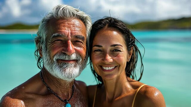 Portrait of a happy mature couple enjoying a tropical vacation together, plan life insurance at retirement concept, International Day of Older Persons, national grandparents day. - Powered by Adobe