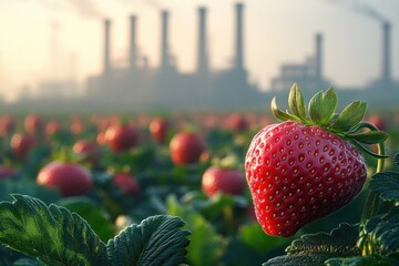 Strawberry Field with Ripe Fruits and Industrial Factory Polluting Air in Background