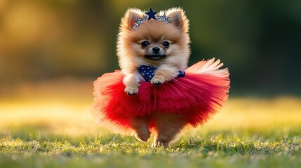 4th of July, Independence Day Pomeranian wearing a patriotic tutu, a star headpiece, and a sparkler necklace 