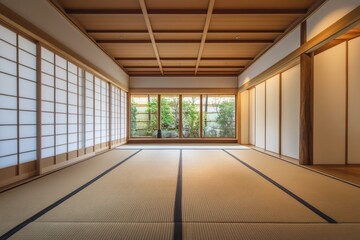 Fototapeta premium Serene Japanese room with tatami mats, shoji screens, and wooden ceiling. Perfect for designs showcasing peace, tranquility, and minimalist aesthetics.