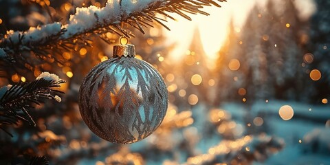 Snowy Christmas Ornament on Pine Tree with City Background in Bokeh Effect