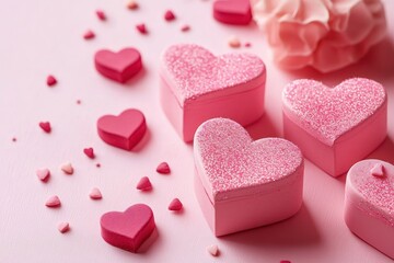Fototapeta premium Pink Hearts Gift Boxes and Decorative Hearts on Soft Pink Background