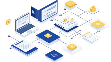 Automated software deployment pipeline with digital flowcharts and DevOps tools on display.