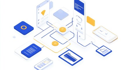 Automated software deployment pipeline with digital flowcharts and DevOps tools on display.