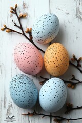Obraz premium Easter Eggs and Budding Tree Branches on White Background Spring Decoration