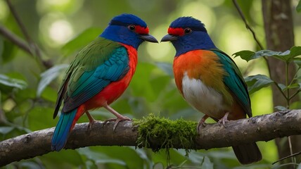 Fototapeta premium Pair of Pittas Perched on a Branch in a Sunlit Forest