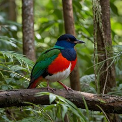 Fototapeta premium Two Vibrant Pittas Resting Together on a Branch in a Warm, Sunlit Forest