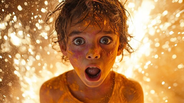 Slow motion capture of childs face as Holi powder explodes around them frozen in time with an expression of pure delight