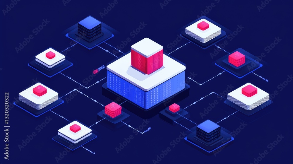 Poster backend server infrastructure with interconnected digital nodes and real-time data flow.