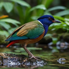 Obraz premium Pitta Perched by a Stream in the Heart of a Tropical Jungle