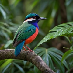 Vibrant Pitta Resting on a Branch, Overlooking a Lush Waterfall and Dense Tropical Foliage