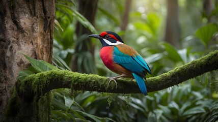 Obraz premium Pitta Perched on a Branch with a Majestic Waterfall and Tropical Greenery