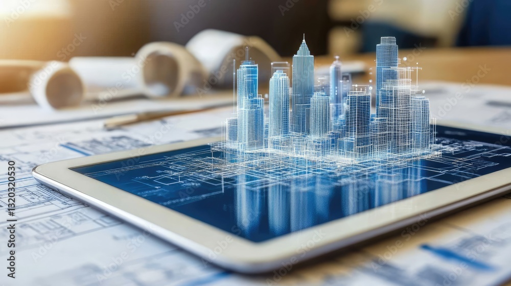 Poster blueprints of a city infrastructure project displayed alongside a digital tablet showing d rendering